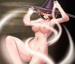  breasts brown_hair censored hat large_breasts magic mokusa mosaic_censoring navel nipples nude pussy short_hair solo sweatdrop tabasa warzard witch_hat 