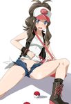  1girl artist_request bag blush collarbone denim denim_shorts female legs open_fly open_pants pokemon pokemon_(game) pokemon_bw pussy pussy_peek shorts solo thighs touko_(pokemon) uncensored unzipped white_(pokemon) yokaze_japan 