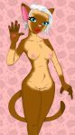  anthro blue_eyes breasts brown_body brown_fur dimple_(evilthabad) domestic_cat evilthabad felid feline felis female fur hair hi_res looking_at_viewer mammal multicolored_body multicolored_fur nipples nude pink_background pink_nose pussy simple_background solo standing white_hair 