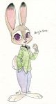  2017 anthro barefoot biped bottomwear briskby clothed clothing dipstick_ears disney english_text fur grey_body grey_fur head_tuft hi_res judy_hopps lagomorph leporid looking_at_viewer mammal multicolored_ears open_mouth pants purple_eyes rabbit scut_tail shirt signature simple_background smile solo standing text topwear tuft white_background zootopia 