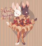  &diams; &lt;3 absurd_res anthro autumn black_body black_fur bow clothed clothing conjoined costume dress duo english_text female flower fully_clothed fur hare harlequin hi_res hkasof humor lagomorph leporid makeup mammal plant pun red_eyes sibling sister sisters smaller_version_at_source smile suit_symbol text twins white_body white_fur 