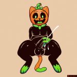  1:1 animate_inanimate anthro arwokom balls belly black_body black_sclera black_skin bodily_fluids cum cum_on_hand domestic_cat ejaculation erection felid feline felis flora_fauna food food_creature fruit genital_fluids glistening halloween hi_res holidays humanoid_penis living_fruit looking_at_viewer looking_pleasured male mammal masturbation open_mouth penile penile_masturbation penis plant pumkat pumpkin simple_background solo spread_legs spreading suggestive suggestive_food thick_thighs tongue 