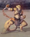  angry anthro arena battle blood bodily_fluids clothed clothing dagger digital_media_(artwork) hi_res ismar lizard loincloth male melee_weapon muscular reptile scalie tres-art weapon 