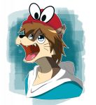  animate_inanimate blue_eyes brown_body brown_fur brown_hair canid canine canis cappy_(mario) clothing fangs fur hair hi_res hoodie jimrowanart male mammal mario_bros morenatsu nintendo open_mouth shun_(morenatsu) smile super_mario_odyssey tongue topwear video_games whiskers wolf 