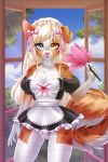  2018 anthro apron blonde_hair blue_eyes breasts canid canine canis choker clothing cloud dannyckoo day domestic_dog feather_duster female gloves hair handwear heterochromia hi_res jewelry legwear long_hair looking_at_viewer maid_uniform mammal necklace no_underwear open_mouth pussy ribbons rika_(luckstardices) solo stockings tresertf uniform window yellow_eyes 
