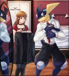  2019 absurd_res anthro bed bedroom brown_hair clothed clothing dialogue digital_media_(artwork) donutella duo english_text female fully_clothed furniture greninja hair hi_res human inside long_hair male mammal mirror necktie nintendo pok&eacute;mon pok&eacute;mon_(species) text url video_games 