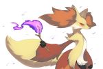  2016 ambiguous_gender anthro black_nose canid canine colored_fire delphox digital_media_(artwork) fire fur hi_res inner_ear_fluff kemono mammal multicolored_body multicolored_fur nintendo orange_body orange_eyes orange_fur orange_nose pok&eacute;mon pok&eacute;mon_(species) pseudo_clothing purple_fire red_body red_fur simple_background solo standing stick taiga_(klm1511) tuft video_games white_background white_body white_fur 