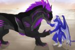  2019 absurd_res anthro beach caress claws cruise difference dragon drake1dragon duo felkin feral fur hi_res implied_transformation male nude outside reassure scared sea seaside shaesullivan simple_background size_difference smile summer sun surprise teeth water wings 