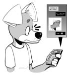  anthro balls big_penis canid canine canis clothed clothing dick_pic domestic_dog emoji freckles japanese_text kom komdog male mammal nude penis phone shirt shocked solo text texting throbbing_penis topwear translated translation_request 