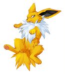  2019 4_toes absurd_res claws digital_media_(artwork) eeveelution female feral fluffy fur hi_res hioshiru jolteon lying mammal neck_tuft nintendo on_back open_mouth pawpads paws pok&eacute;mon pok&eacute;mon_(species) pussy quadruped simple_background solo toe_claws toes tuft video_games white_background white_body white_fur yellow_body yellow_fur 