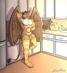  2019 5_fingers anthro armwear avian balls beverage clothed clothing coffee cup digital_media_(artwork) feathered_wings feathers fingers food fur gryphon hi_res holding_object humanoid_penis kitchen legwear looking_at_viewer male mammal nude penis smile solo starrffax thigh_highs thong underwear white_body white_fur wings 