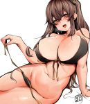  1girl :d absurdres alternate_breast_size areola_slip areolae arm_support bangs bikini black_bikini blush breasts breathing brown_hair chickenvomit eyebrows_visible_through_hair girls_frontline groin hair_between_eyes hair_ornament half-closed_eyes highres large_breasts long_hair looking_at_viewer navel one_side_up open_mouth reclining scar scar_across_eye skindentation smile stomach swimsuit thighs ump45_(girls_frontline) untied untied_bikini yellow_eyes 