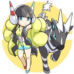  1girl armpits black_hair blue_eyes chibi coat full_body gen_5_pokemon headphones kamitsure_(pokemon) long_hair looking_at_viewer multicolored multicolored_clothes multicolored_shorts outstretched_arm peron_(niki2ki884) pokemon pokemon_(game) pokemon_bw2 pokemon_masters puffy_coat shorts signature standing very_long_hair yellow_coat zebstrika 