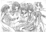  6+girls absurdres akagi_(kantai_collection) alternate_costume blouse breasts drunk elbow_rest embarrassed from_behind graphite_(medium) greyscale hair_between_eyes hair_ornament highres jun&#039;you_(kantai_collection) kaga_(kantai_collection) kantai_collection kojima_takeshi large_breasts long_hair looking_at_another looking_down maya_(kantai_collection) miniskirt monochrome multiple_girls nachi_(kantai_collection) open_mouth pleated_skirt scarf sendai_(kantai_collection) side_ponytail sitting sketch skirt tenryuu_(kantai_collection) traditional_media trembling tuxedo ushio_(kantai_collection) x_hair_ornament 