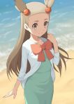  1girl atsuyah0310 beach bow bowtie brown_eyes dress gym_leader hair_ornament light_brown_hair long_hair long_sleeves looking_at_viewer mikan_(pokemon) open_clothes outdoors pokemon pokemon_(game) pokemon_hgss red_bow short_twintails smile solo twintails water 