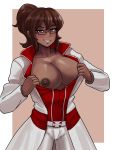  1girl absurdres black_hair blush breasts coat dark_skin donburikazoku glasses grin highres large_breasts looking_at_viewer medium_hair open_clothes open_coat pants red_clothes simple_background smile solo standing straight_hair the_secret_world white_pants 