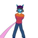 1:1 anthro anthrofied bottomwear bound clothed clothing fully_clothed fuze hands_behind_back hi_res lucario male nintendo pants pok&eacute;mon pok&eacute;mon_(species) shirt simple_background solo t-shirt topwear video_games white_background 