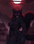  2019 5_fingers abs anthro bodily_fluids breasts canid canine claws digital_media_(artwork) doomthewolf drooling fangs featureless_breasts female fingers full_moon hi_res horn looking_at_viewer mammal moon night saliva solo teeth were werecanid werecanine werewolf 