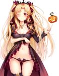  1girl bangs blonde_hair blush breasts cape cleavage collarbone commentary_request earrings ereshkigal_(fate/grand_order) eyebrows_visible_through_hair fate/grand_order fate_(series) hair_ribbon jewelry long_hair long_sleeves looking_at_viewer medium_breasts navel necklace parted_bangs pumpkin red_eyes revision ribbon skull smile solo tiara two_side_up yan_(nicknikg) 