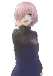  1girl :d apron black_sweater blue_apron fate/grand_order fate_(series) gachapinmuck2 hair_over_one_eye hand_in_hair highres long_sleeves looking_at_viewer mash_kyrielight open_mouth pink_hair purple_eyes short_hair simple_background smile solo standing sweater turtleneck turtleneck_sweater upper_body white_background 