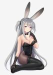  1girl absurdres animal_ears arknights bangs black_footwear black_gloves black_legwear black_leotard black_neckwear blue_eyes boots breasts bunny_ears bunny_girl bunnysuit cleavage detached_collar finger_to_mouth gloves grey_background high_heel_boots high_heels highleg highleg_leotard highres index_finger_raised leotard long_hair looking_at_viewer luobo1220 medium_breasts pantyhose savage_(arknights) shiny shiny_hair shiny_skin silver_hair simple_background sitting solo strapless strapless_leotard swept_bangs thigh_boots thighhighs two_side_up very_long_hair wing_collar 