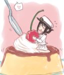  1girl :o black_hair blush cherry commentary_request cream female_admiral_(kantai_collection) flying_sweatdrops folded_ponytail food fruit hat heart in_food kantai_collection military military_uniform minigirl naval_uniform open_mouth peaked_cap pink_background pudding solo spoken_heart spoon uniform utopia 