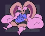  2019 3_toes aimbot-jones anthro arm_tuft belly big_belly big_ears biped black_eyes bottomwear breasts brown_body brown_fur buckteeth clothing digital_media_(artwork) ear_tuft eyebrows eyelashes feet female floppy_ears fur hi_res lagomorph leg_tuft long_ears lopunny mammal nintendo overweight overweight_female pok&eacute;mon pok&eacute;mon_(species) shiny_pok&eacute;mon shirt shorts sitting smile solo teeth thick_eyebrows thick_thighs tight_clothing toes topwear tuft video_games white_pupils wide_hips wrist_tuft 