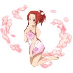  1girl barefoot blush bow braid closed_mouth collarbone floral_print frilled_towel full_body hair_bow hair_intakes high_ponytail highres kneeling long_hair looking_at_viewer naked_towel official_art pink_towel print_towel red_eyes red_hair sidelocks smile soles solo sword_art_online tied_hair tiese_schtrinen towel towel_tug transparent_background wet wet_hair white_bow 