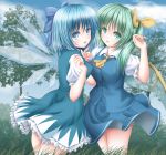  2girls akino_irori arms_up bangs blue_dress blue_eyes blue_hair blue_skirt blue_sky blue_vest bow cirno cloud commentary contrapposto cravat cropped_legs daiyousei day dress fairy_wings from_side grass green_eyes green_hair hair_bow hair_ribbon head_tilt highres looking_at_viewer looking_back multiple_girls open_mouth outdoors petticoat pinafore_dress puffy_short_sleeves puffy_sleeves ribbon shirt short_hair short_sleeves side_ponytail skirt sky standing touhou tree vest white_shirt wind wind_lift wings yellow_neckwear 