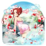  1girl arm_support bow braid floral_print flower frilled_towel hair_bow hair_intakes high_ponytail highres leaning_forward long_hair naked_towel official_art onsen open_mouth pink_towel print_towel red_eyes red_flower red_hair shiny shiny_hair shoulder_blades solo sword_art_online tied_hair tiese_schtrinen towel transparent_background wading wet wet_hair white_bow 