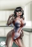  2019 anthro big_breasts black_hair breasts brown_body brown_fur brown_nose camel_toe claws cleavage clothed clothing curvaceous curvy_figure digital_media_(artwork) fangs female fingers fur ghostwolf grey_eyes hair hi_res looking_at_viewer mama_bear_(ghostwolf) mammal mature_female navel nipple_outline one-piece_swimsuit skimpy smile solo standing swimwear thick_thighs ursid voluptuous wide_hips 
