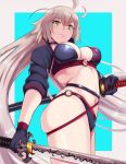  1girl ahoge araimooah ass bikini black_bikini black_gloves blue_background board_game border breasts choker cleavage cowboy_shot eyebrows_visible_through_hair fate/grand_order fate_(series) gloves go grey_border jeanne_d&#039;arc_(alter_swimsuit_berserker) jeanne_d&#039;arc_(fate)_(all) katana large_breasts long_hair multiple_swords navel o-ring o-ring_bikini shrug_(clothing) silver_hair swimsuit sword thigh_strap very_long_hair weapon white_hair yellow_eyes 