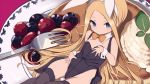  1girl abigail_williams_(fate/grand_order) animal_ears bangs bare_shoulders black_legwear blonde_hair blue_eyes bow breasts bunny_ears bunnysuit collarbone commentary_request fake_animal_ears fate/grand_order fate_(series) food fork fruit gamuo long_hair looking_at_viewer lying orange_bow orange_neckwear parted_bangs sitting small_breasts solo thighhighs wrist_cuffs 