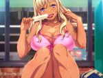  baka_dakedo_chinchin_shaburu_no_dake_wa_jouzu_na_chii-chan blonde_hair blush breasts cleavage dark_skin game_cg hamashima_shigeo long_hair orc_soft popsicle purple_eyes shiina_chieri 