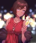  1girl alternate_skin_color artist_name bangs blurry blurry_background blush brown_hair closed_mouth collarbone cross cross_necklace cup dark_skin dress drinking_glass gradient_hair grey_eyes hair_between_eyes highres holding holding_cup jewelry kio_rojine lens_flare looking_at_viewer multicolored_hair necklace red_dress red_hair ruby_rose rwby sash shiny shiny_hair short_hair sleeveless sleeveless_dress smile solo swept_bangs upper_body wine_glass 