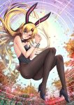  1girl :o adsouto ahoge animal_ears asia_argento ass autumn_leaves backlighting bangs bare_arms bare_shoulders black_bow black_footwear black_hairband black_leotard black_nails blonde_hair blush bow bowtie breasts brown_legwear bunny_ears bunny_tail bunnysuit detached_collar elbow_gloves fake_animal_ears fake_tail floating full_body gloves green_eyes hairband hands_clasped high_heels high_school_dxd highres leaf leotard long_hair looking_at_viewer medium_breasts open_mouth own_hands_together pantyhose parted_bangs signature sky solo strapless strapless_leotard sunlight tail thighs v-shaped_eyebrows very_long_hair 