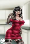  2019 anthro big_breasts black_hair boots bra breasts brown_body brown_fur brown_nose claws cleavage clothed clothing curvaceous curvy_figure digital_media_(artwork) dress fangs female fingers footwear fur ghostwolf grey_eyes hair hi_res humanoid_hands legwear long_hair looking_at_viewer mama_bear_(ghostwolf) mammal mature_female skimpy smile solo standing stockings teeth thick_thighs thigh_boots thigh_highs underwear ursid voluptuous wide_hips 