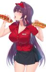  1girl alternate_costume bangs black_skirt blush breasts cleavage collared_shirt commentary_request damda eyebrows_visible_through_hair fate/grand_order fate_(series) food hair_intakes holding holding_food hot_dog ketchup large_breasts long_hair miniskirt mustard name_tag open_mouth purple_hair red_eyes red_headwear sausage scathach_(fate)_(all) scathach_(fate/grand_order) sexually_suggestive shirt short_sleeves simple_background skirt solo thighs tongue tongue_out very_long_hair visor_cap white_background 