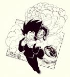  1boy 1girl :d aircraft airship arms_around_neck black_hair chi-chi_(dragon_ball) clenched_teeth cloud cloudy_sky commentary_request couple day dragon_ball dragon_ball_(classic) dress dress_shirt dutch_angle elbow_gloves eyelashes fenyon fingernails floating_hair flower flying_nimbus formal frilled_dress frills full_body gloves grass grin hair_flower hair_ornament happy hetero husband_and_wife jewelry looking_at_another messy_hair monochrome mountain nature necklace open_mouth outdoors pearl_necklace rose shirt sidelocks simple_background sky smile son_gokuu spiked_hair suit teeth twitter_username wedding_dress white_background white_dress white_shirt 