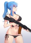  1girl ak-74 ass_visible_through_thighs assault_rifle bare_arms bare_shoulders bikini black_bikini blue_eyes blue_hair breasts collarbone cowboy_shot gradient gradient_background gun hair_ornament hairclip highres holding holding_gun holding_weapon large_breasts long_hair looking_away narynn navel original parted_lips ponytail profile rifle side-tie_bikini sidelocks solo standing stomach strap_gap swimsuit thighs trigger_discipline weapon white_background 