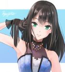  1girl black_gloves black_hair blue_background closed_mouth eternal_bloom_(idolmaster) gloves green_eyes hand_in_hair highres idolmaster idolmaster_cinderella_girls jewelry k_concord long_hair looking_at_viewer necklace see-through shibuya_rin shiny shiny_hair signature smile solo two-tone_background upper_body white_background 