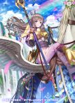  1girl arm_guards armor blue_sky blush breastplate brown_hair cloud cloudy_sky commentary_request company_name copyright_name day fire_emblem fire_emblem_awakening fire_emblem_cipher flower gloves hair_ornament holding holding_weapon kousei_horiguchi long_hair long_sleeves official_art outdoors parted_lips pegasus pegasus_knight petals polearm puffy_sleeves purple_eyes rainbow shoulder_armor shoulder_pads sky smile sparkle spear striped sumia vertical_stripes weapon wings 