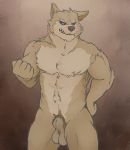  5_fingers animal_genitalia anthro balls black_sclera blue_eyes brown_body brown_fur canid canine canis fingers fully_sheathed fur hi_res j-m looking_at_viewer male mammal nude pubes sheath solo standing wolf 