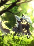  2019 anthro black_nose brown_eyes day detailed_background fingers fur grey_body grey_fur hair hyaenid lukiri male mammal open_mouth outside sky smile solo striped_hyena teeth tongue tree white_hair 