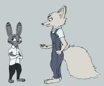  anthro arctic_fox bottomwear canid canine cheek_tuft claws clothed clothing crossed_arms disney duo face_tuft facial_markings famished_(artist) fluffy fluffy_tail fox fur grey_background grey_body grey_fur head_markings head_tuft hi_res jack_savage lagomorph leporid looking_at_another looking_away mammal markings overalls pants pawpads rabbit shirt simple_background skye_(zootopia) standing toe_claws topwear tuft white_body white_fur zootopia 