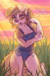  2019 absurd_res alternate_version_at_source anthro breasts brown_hair canid canine canis clothed clothing dialogue digital_media_(artwork) dimmi_(character) dimwitdog domestic_dog english_text female fur green_eyes hair hi_res mammal outside overalls solo standing text 