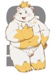  2019 anthro balls blue_eyes blush cai1448331577 flaccid fur humanoid_hands humanoid_penis male mammal navel one_eye_closed overweight overweight_male penis simple_background solo ursid white_body white_fur wink 