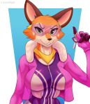  anthro bodysuit breasts canid canine clothing cooliehigh eyewear female fox goggles hi_res jacket jewelry key looking_at_viewer mammal meika_(rimba_racer) necklace rimba_racer signature skinsuit smile smirk solo tight_clothing topwear 