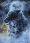  2013 absurd_res black_nose canid canine canis detailed_background duo feral hi_res mammal moon night outside sky star starry_sky traditional_media_(artwork) wolf wolfroad 