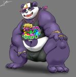  2019 alp_(tas) anthro belly bulge clothing cute_fangs fur giant_panda hat headgear headwear hi_res lakalando male mammal navel one_eye_closed overweight overweight_male purple_body purple_fur shirt solo tokyo_afterschool_summoners topwear underwear ursid video_games wink 